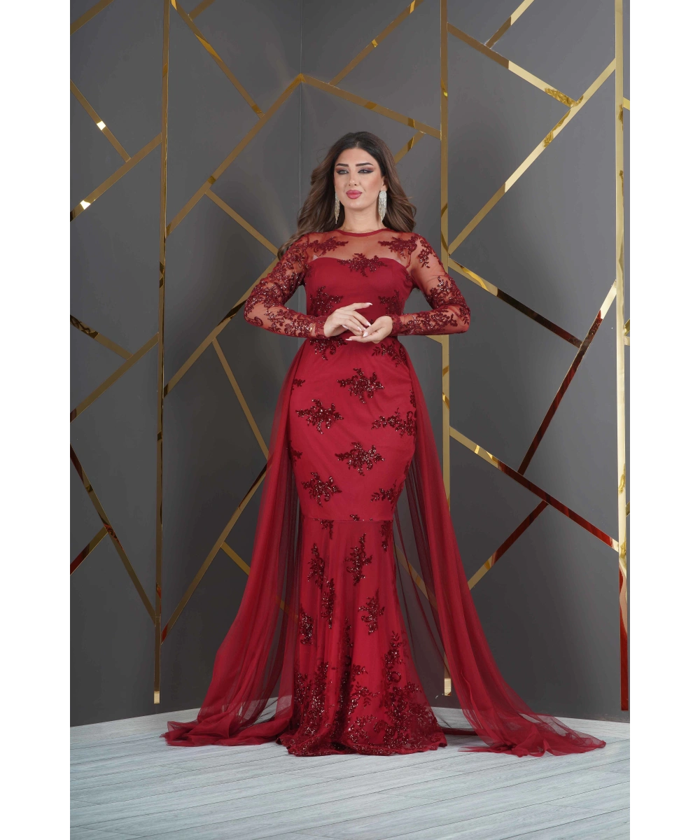 Özel Simli Flok Baskılı Dantel Tasarım Elbise