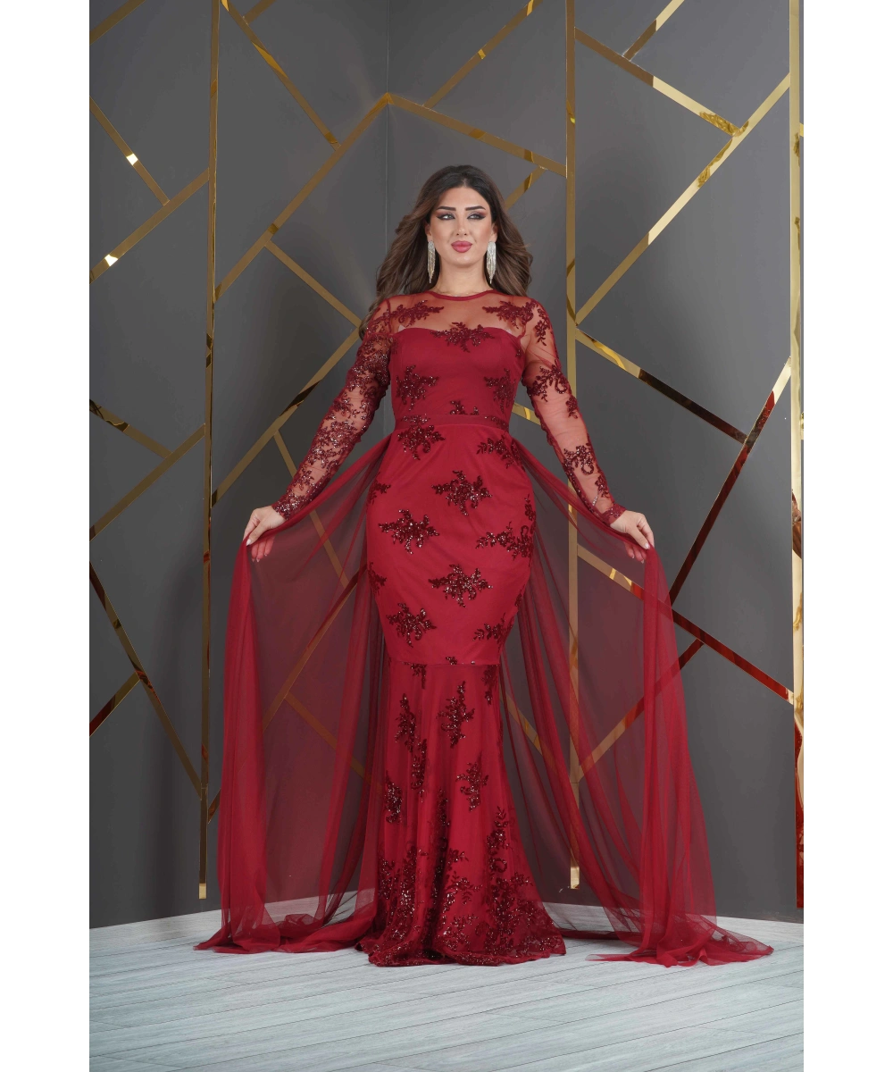 Özel Simli Flok Baskılı Dantel Tasarım Elbise