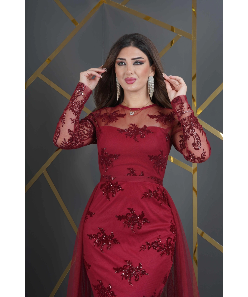 Özel Simli Flok Baskılı Dantel Tasarım Elbise