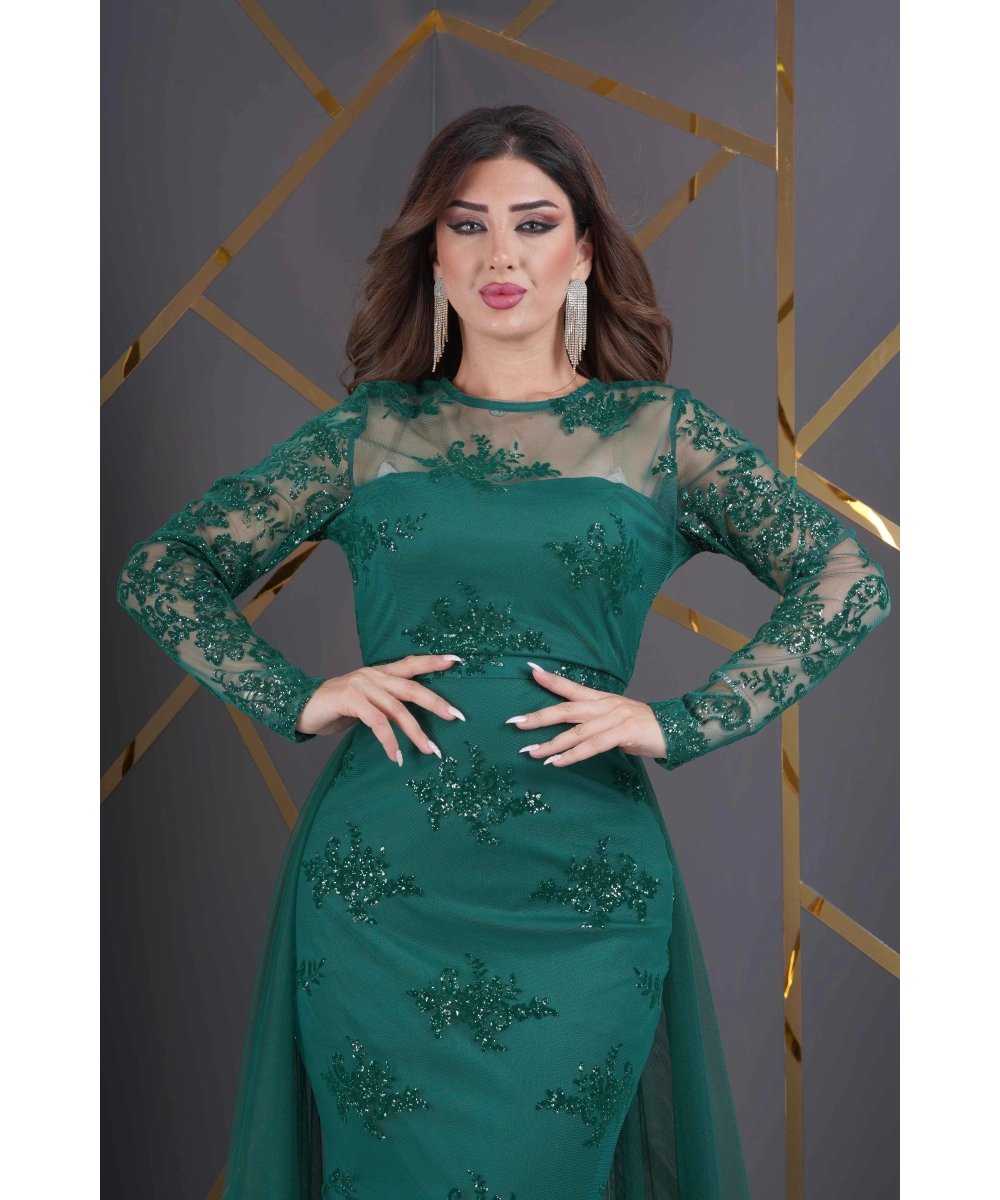 Özel Simli Flok Baskılı Dantel Tasarım Elbise