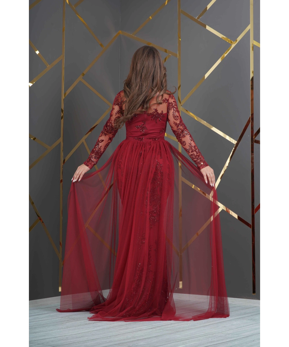 Özel Simli Flok Baskılı Dantel Tasarım Elbise