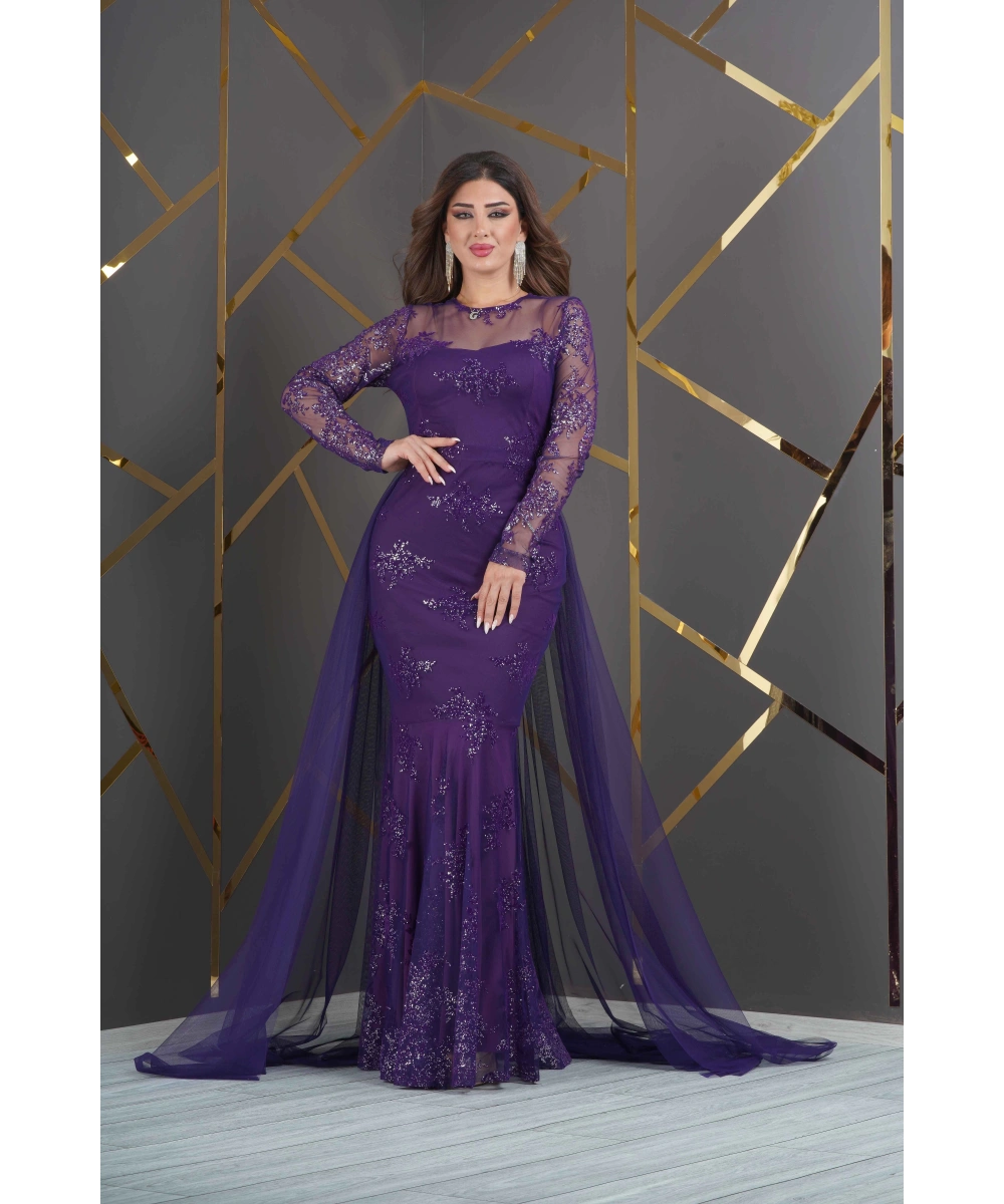 Özel Simli Flok Baskılı Dantel Tasarım Elbise