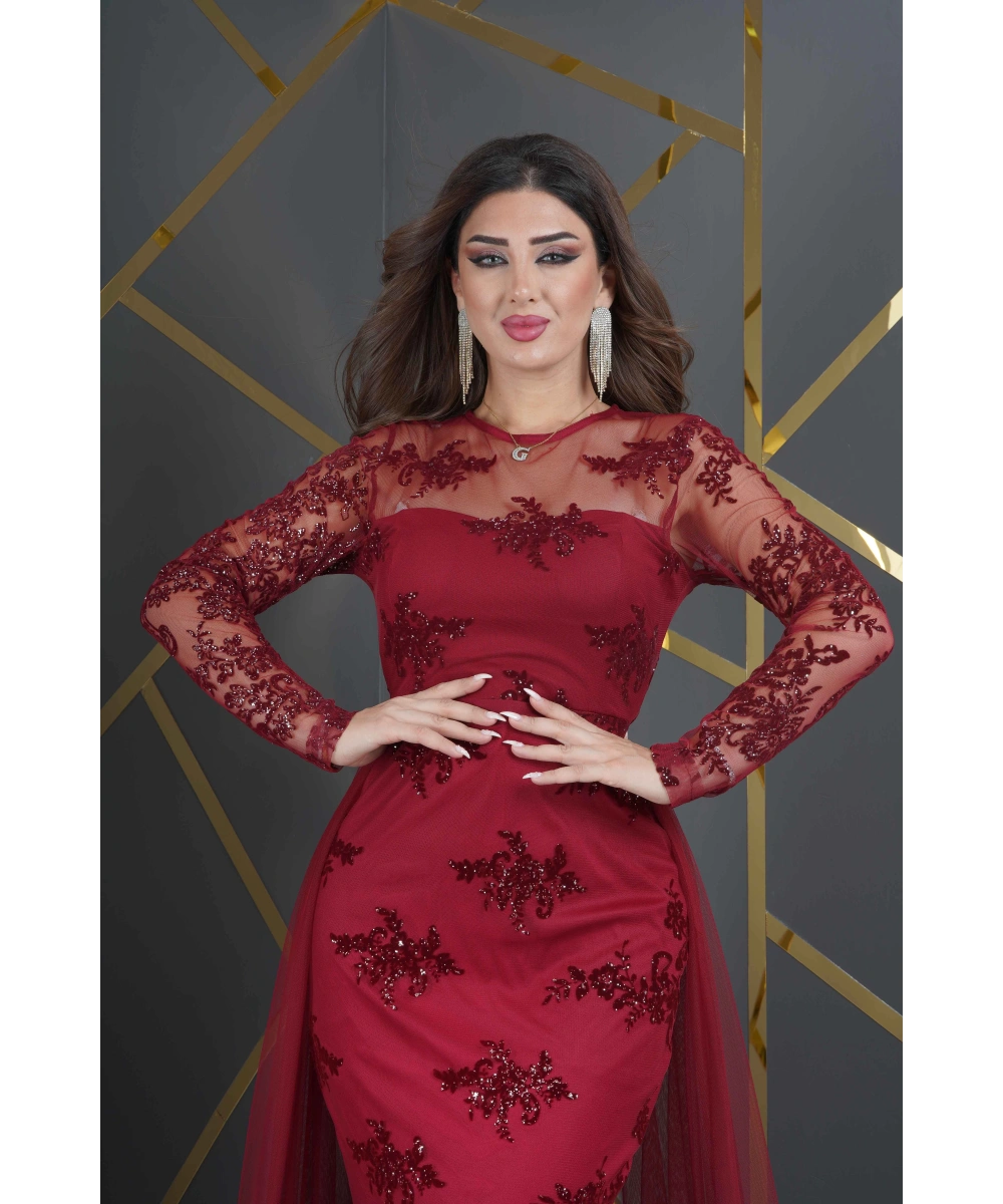 Özel Simli Flok Baskılı Dantel Tasarım Elbise