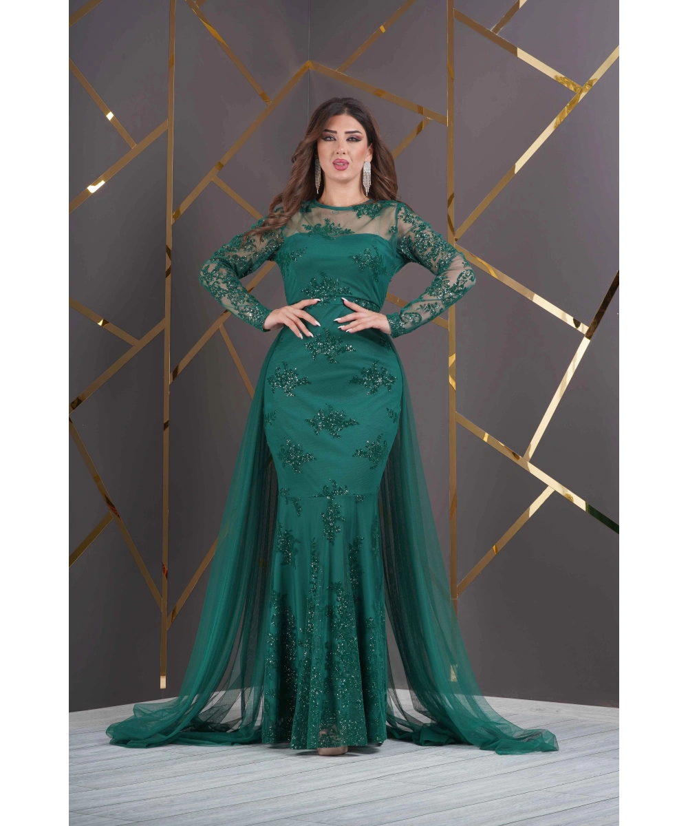 Özel Simli Flok Baskılı Dantel Tasarım Elbise