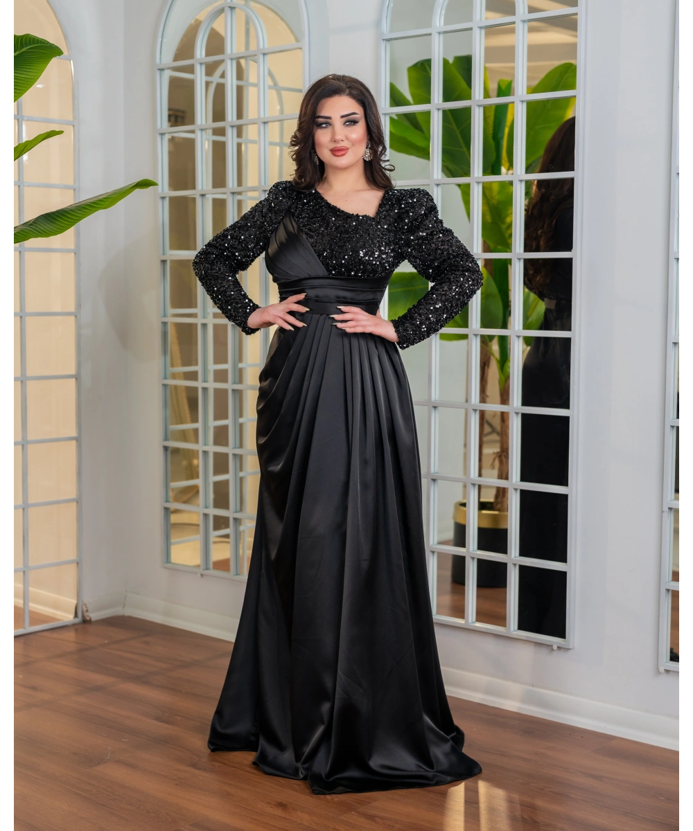 Payet Detaylı Drapeli Uzun Abiye Elbise