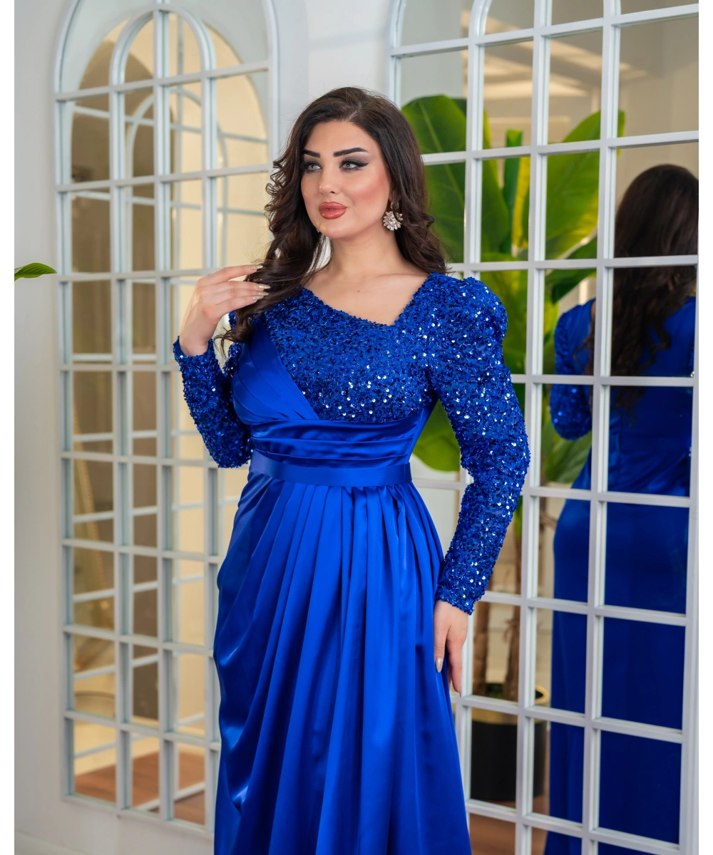 Payet Detaylı Drapeli Uzun Abiye Elbise