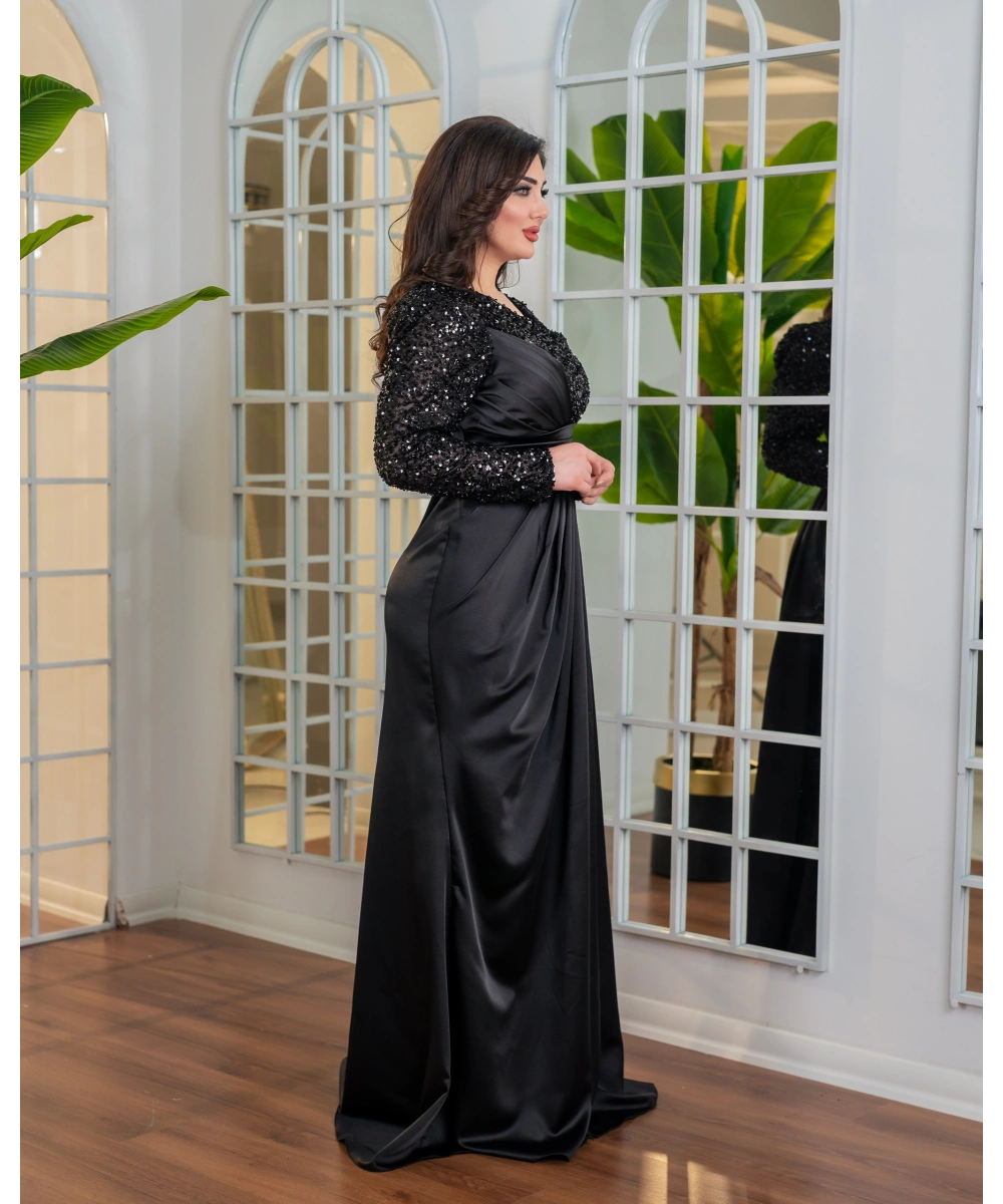 Payet Detaylı Drapeli Uzun Abiye Elbise