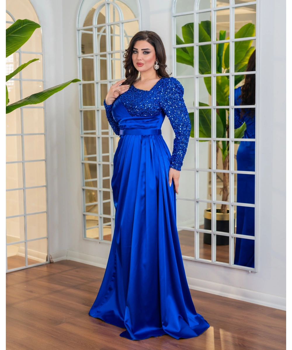 Payet Detaylı Drapeli Uzun Abiye Elbise