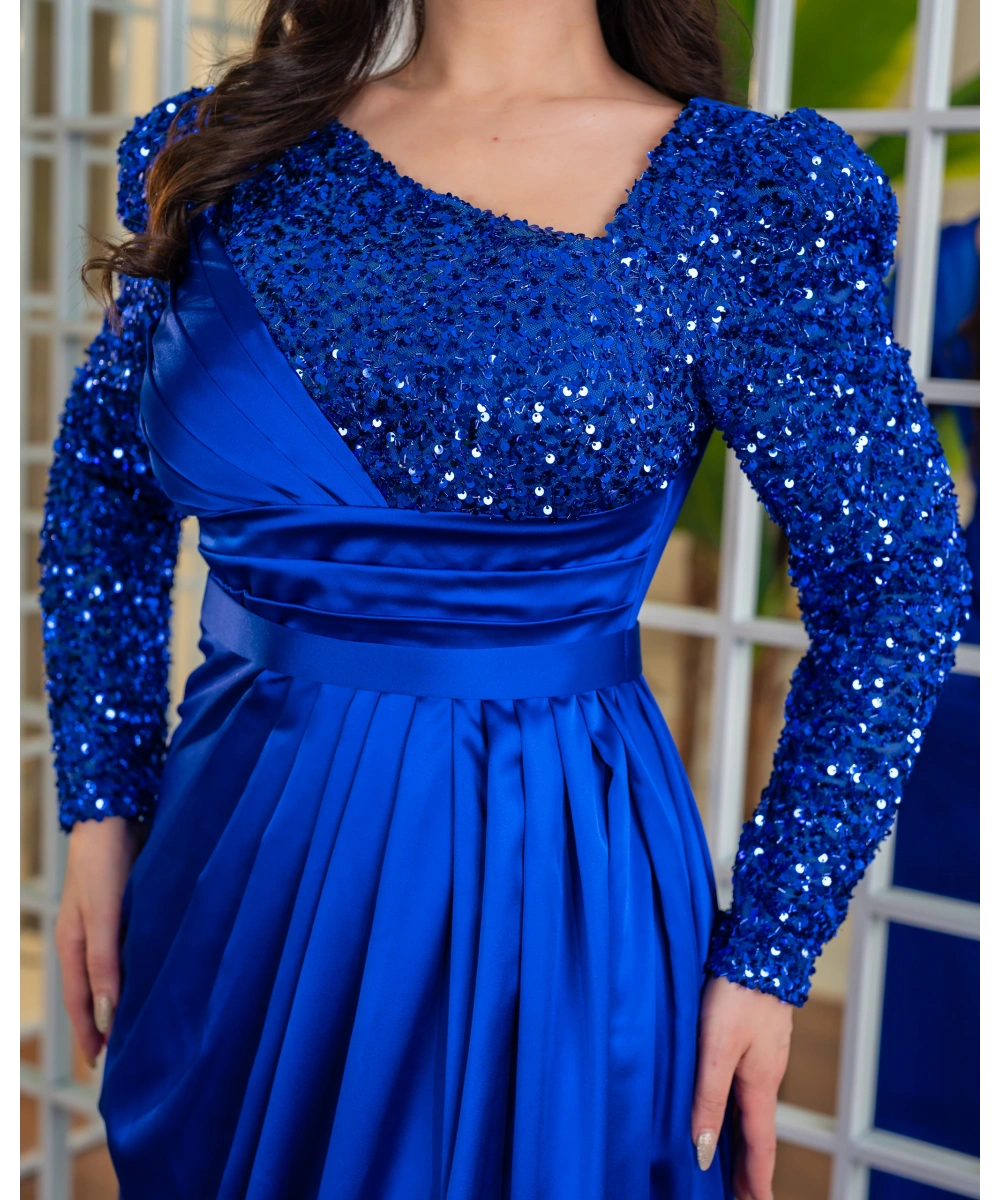 Payet Detaylı Drapeli Uzun Abiye Elbise