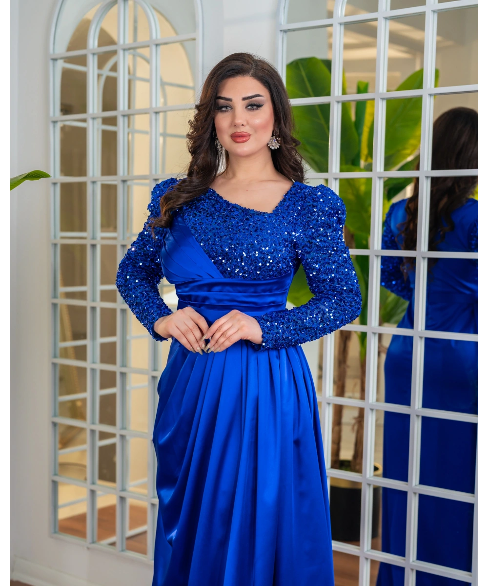 Payet Detaylı Drapeli Uzun Abiye Elbise