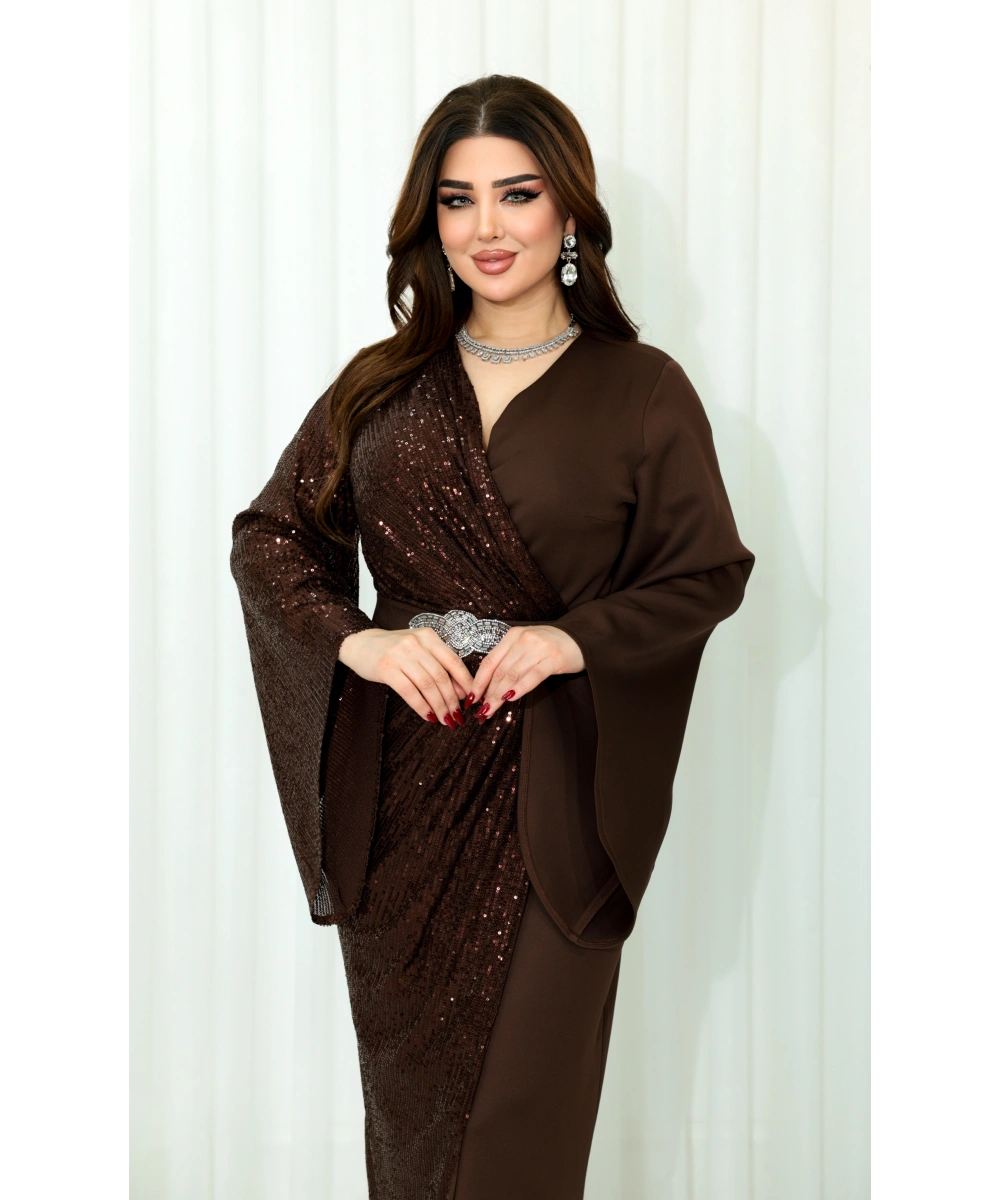 Payet Garnili Scuba Yırtmaçlı Abiye - Kahverengi