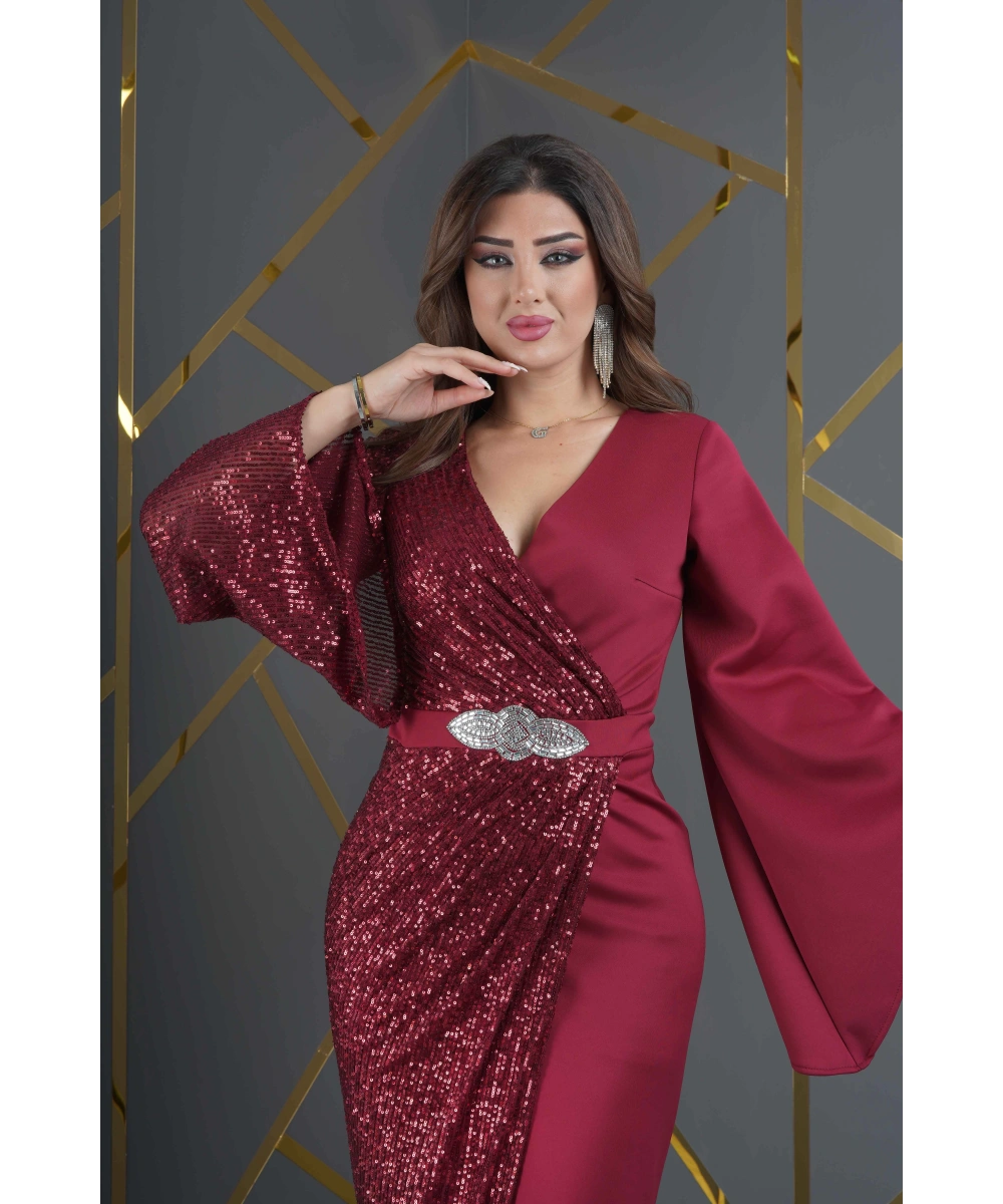 Payet Garnili Scuba Yırtmaçlı Abiye - Bordo