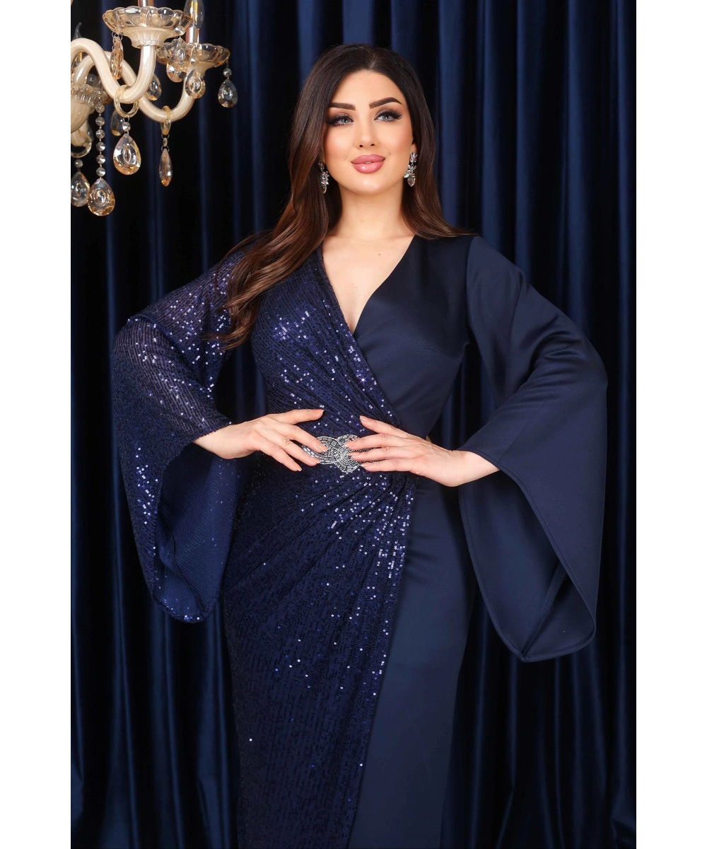 Payet Garnili Scuba Yırtmaçlı Abiye - Lacivert