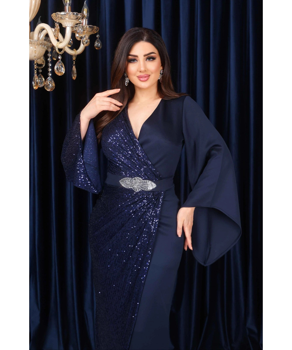 Payet Garnili Scuba Yırtmaçlı Abiye - Lacivert