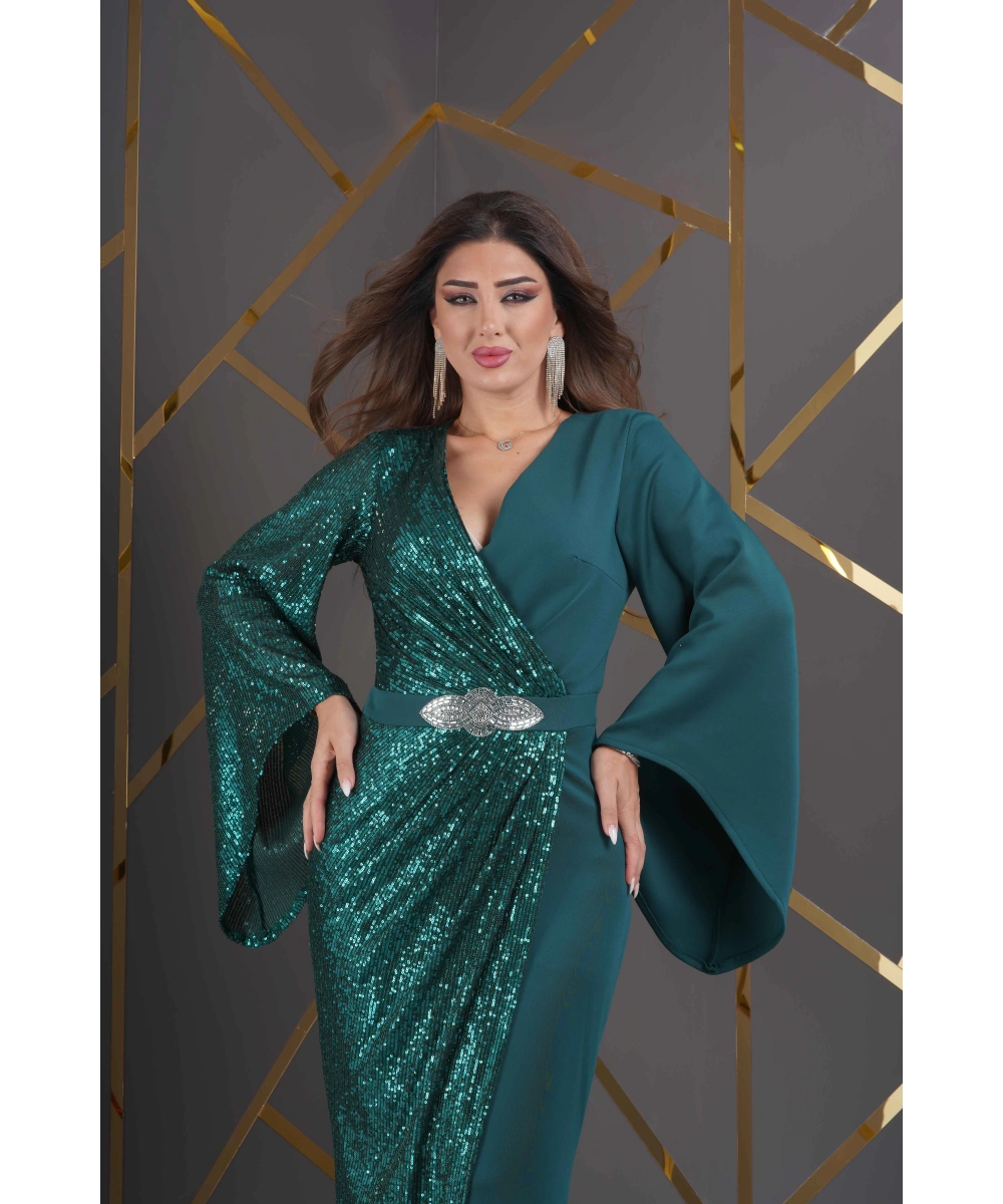 Payet Garnili Scuba Yırtmaçlı Abiye - Yeşil