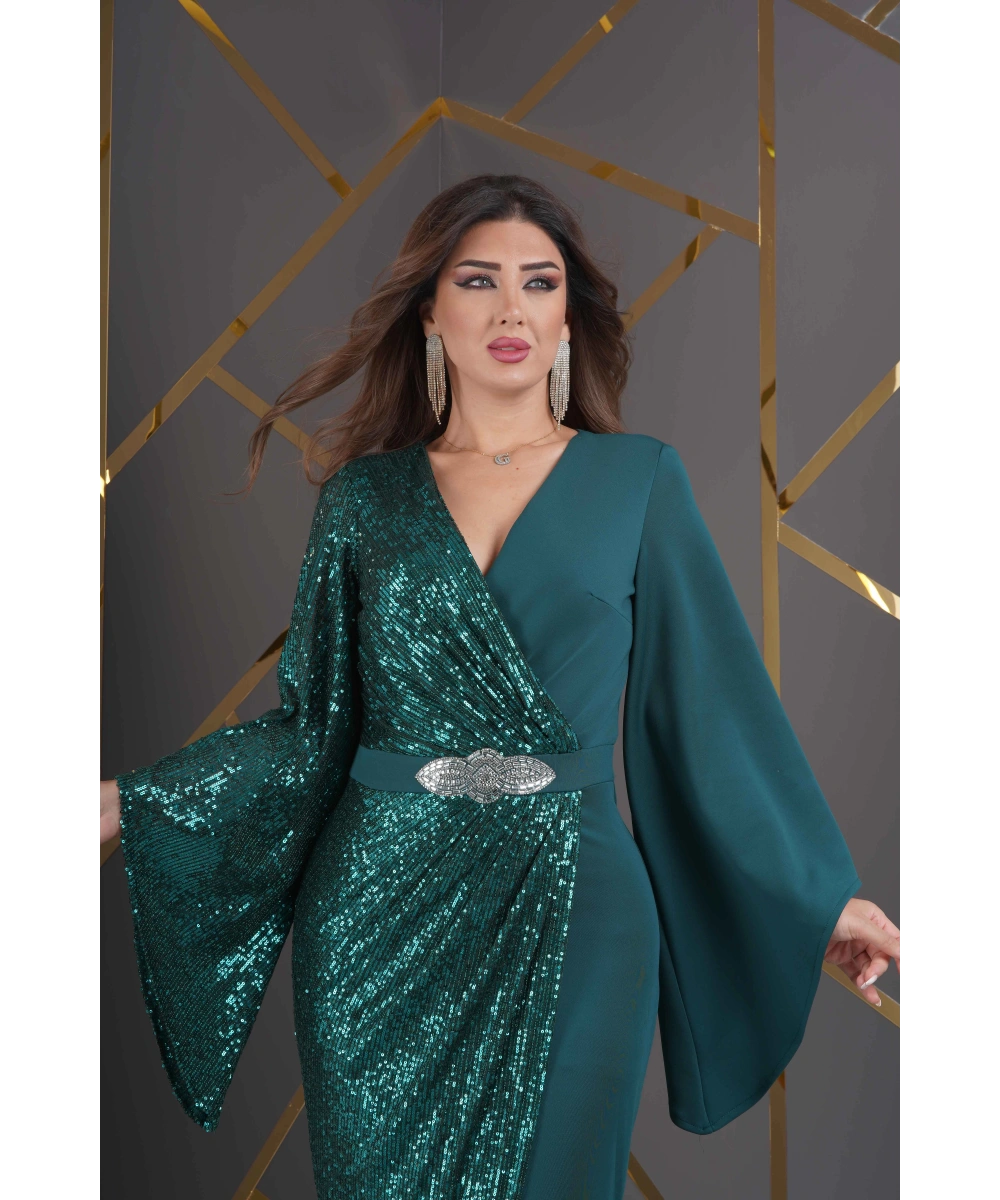 Payet Garnili Scuba Yırtmaçlı Abiye - Yeşil