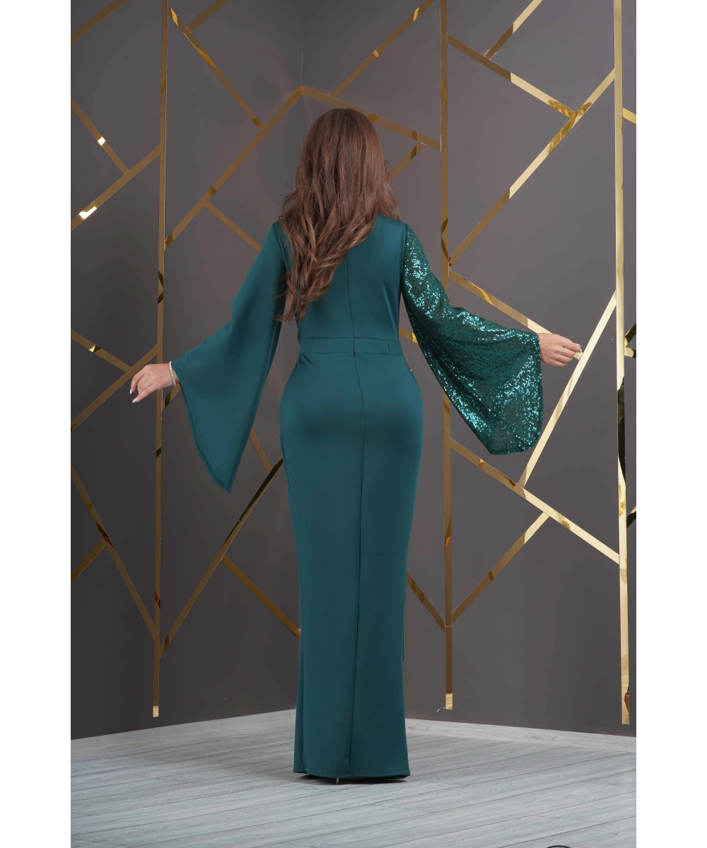 Payet Garnili Scuba Yırtmaçlı Abiye - Yeşil