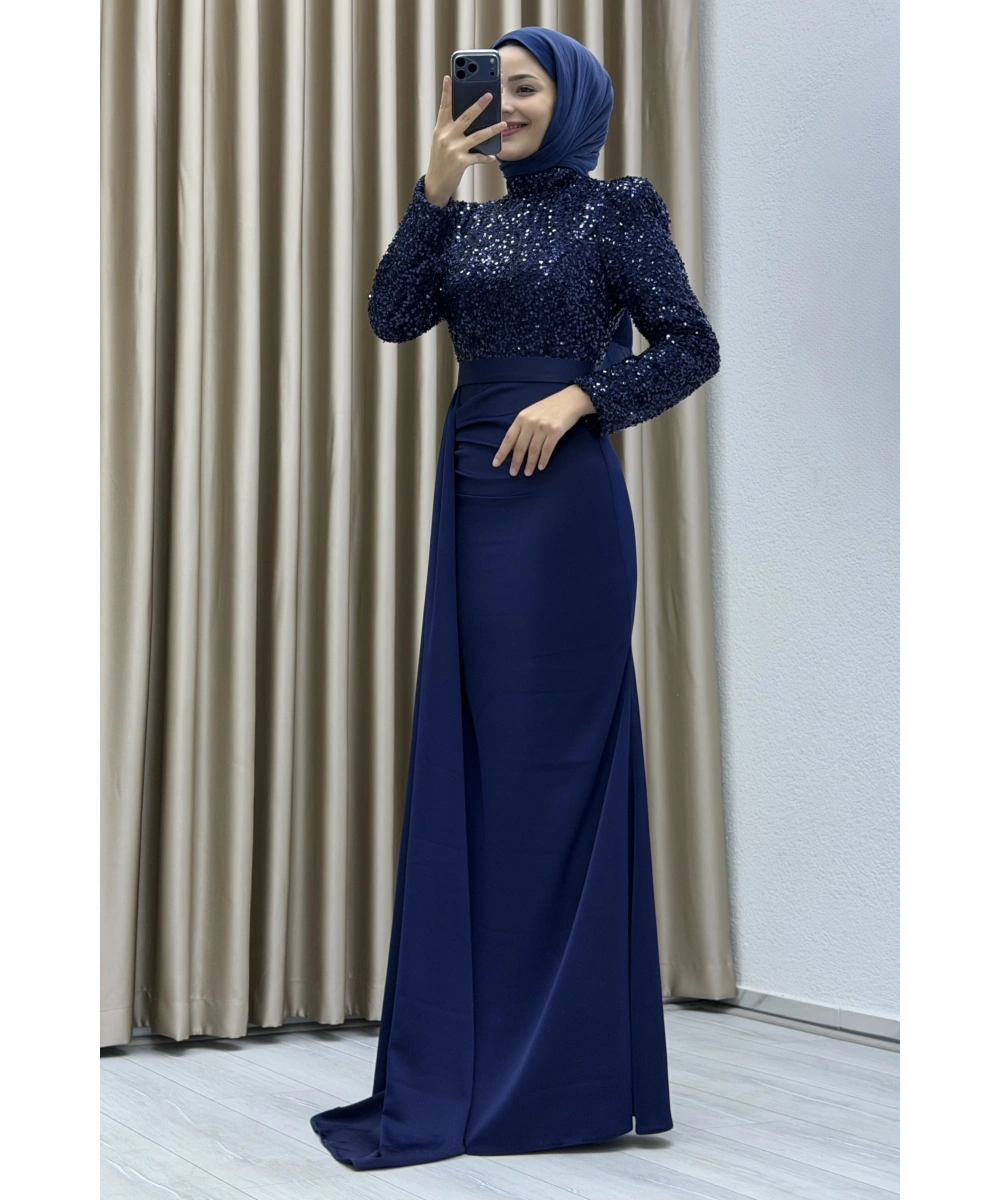 Payet İşlemeli Uzun Kollu Drapeli Etek Detaylı Maxi Boy Şık Abiye Elbise