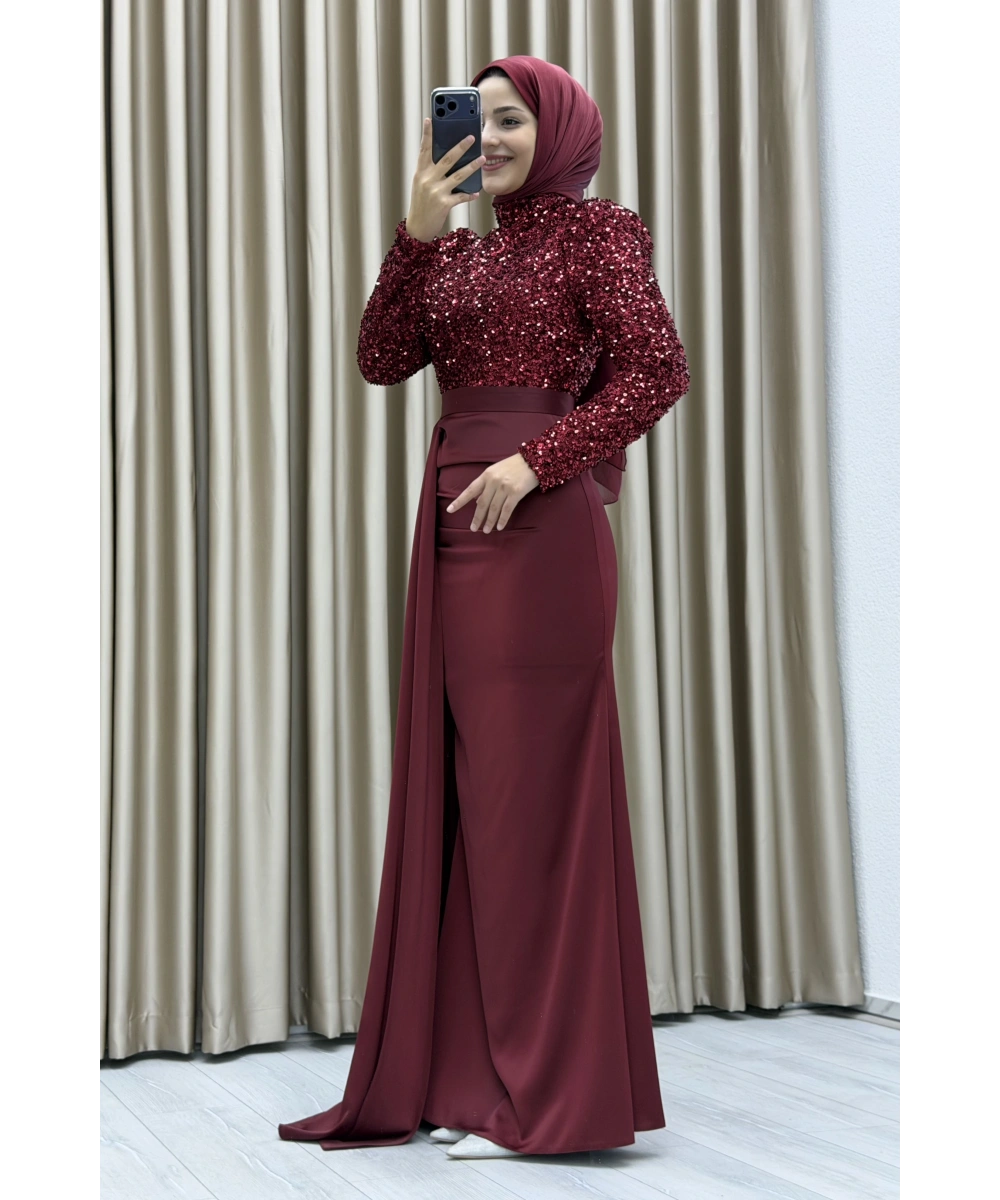 Payet İşlemeli Uzun Kollu Drapeli Etek Detaylı Maxi Boy Şık Abiye Elbise