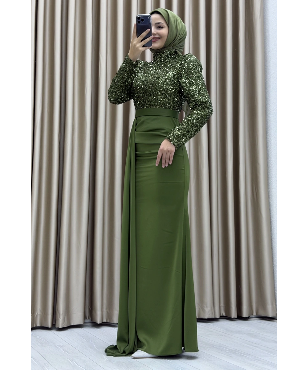 Payet İşlemeli Uzun Kollu Drapeli Etek Detaylı Maxi Boy Şık Abiye Elbise
