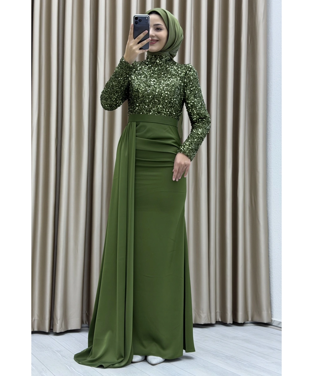 Payet İşlemeli Uzun Kollu Drapeli Etek Detaylı Maxi Boy Şık Abiye Elbise