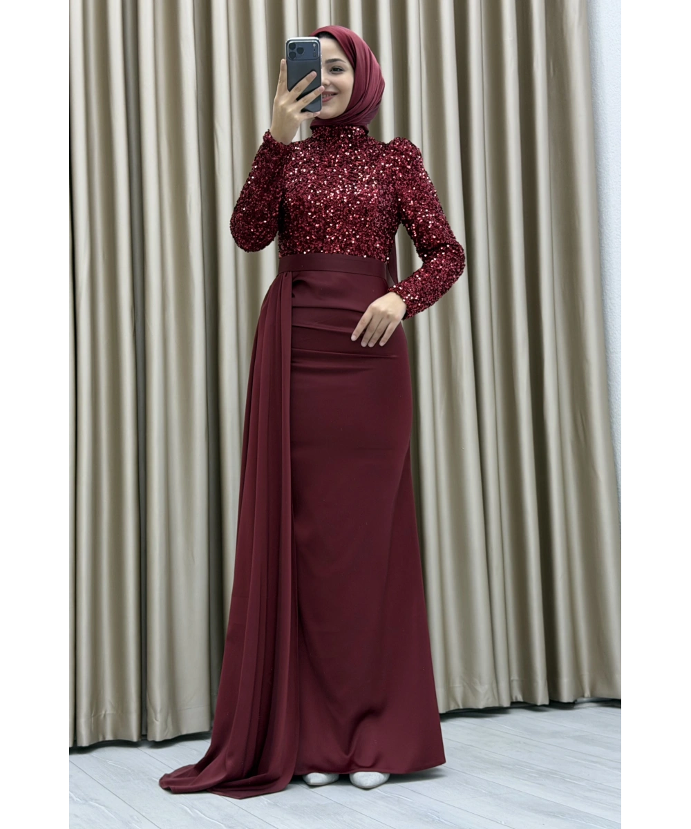 Payet İşlemeli Uzun Kollu Drapeli Etek Detaylı Maxi Boy Şık Abiye Elbise