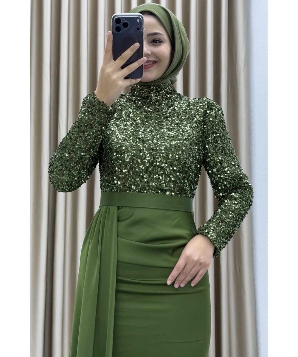 Payet İşlemeli Uzun Kollu Drapeli Etek Detaylı Maxi Boy Şık Abiye Elbise