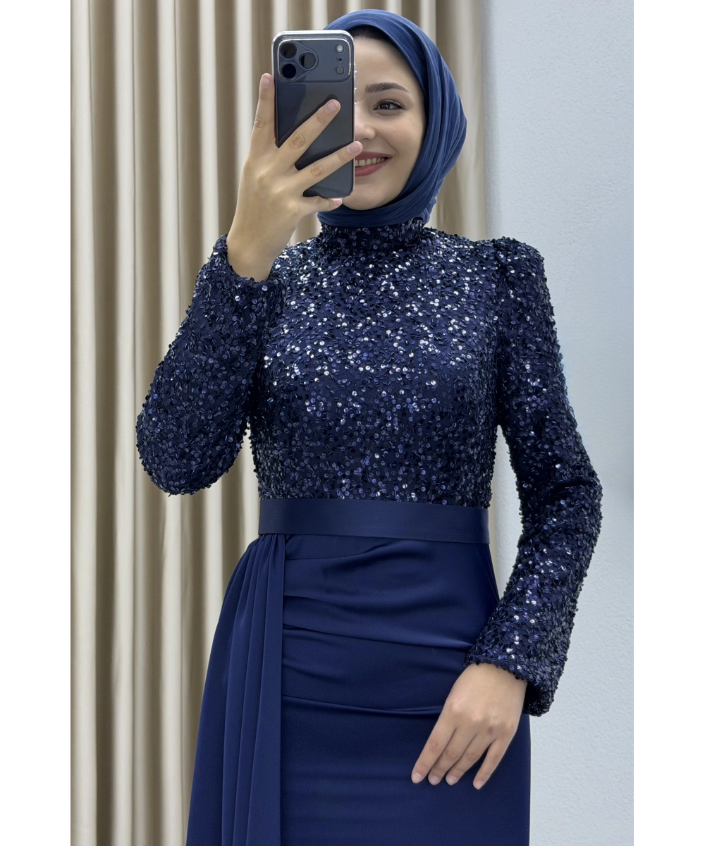 Payet İşlemeli Uzun Kollu Drapeli Etek Detaylı Maxi Boy Şık Abiye Elbise