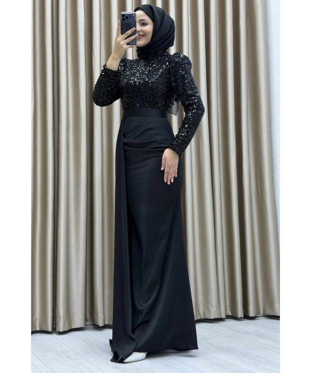 Payet İşlemeli Uzun Kollu Drapeli Etek Detaylı Maxi Boy Şık Abiye Elbise