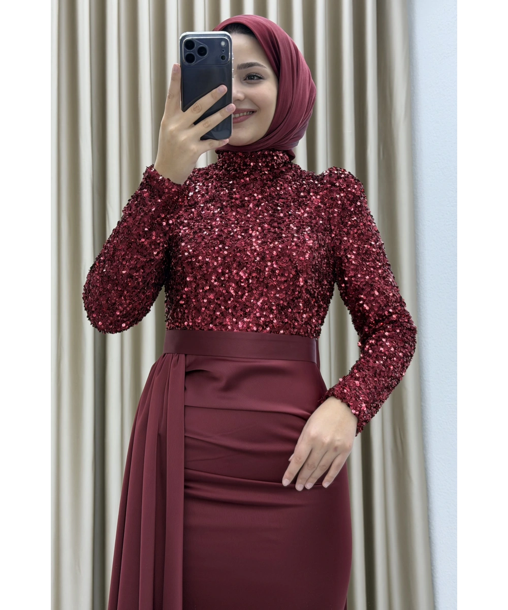 Payet İşlemeli Uzun Kollu Drapeli Etek Detaylı Maxi Boy Şık Abiye Elbise