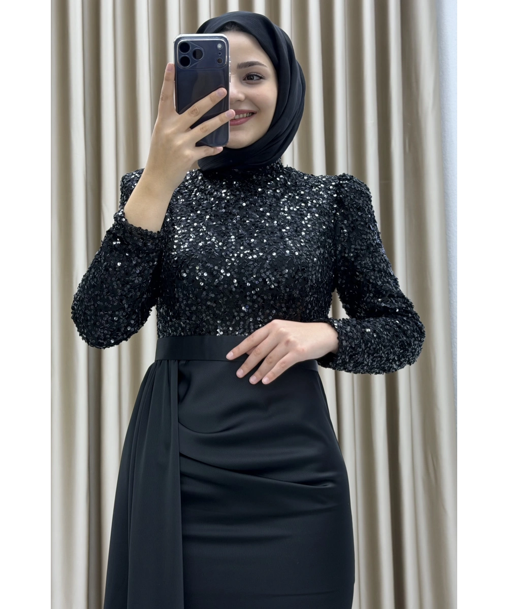 Payet İşlemeli Uzun Kollu Drapeli Etek Detaylı Maxi Boy Şık Abiye Elbise