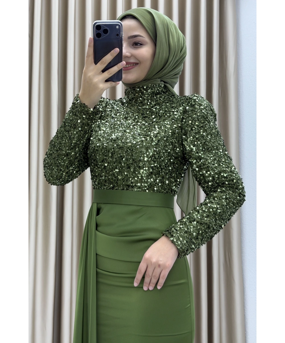 Payet İşlemeli Uzun Kollu Drapeli Etek Detaylı Maxi Boy Şık Abiye Elbise