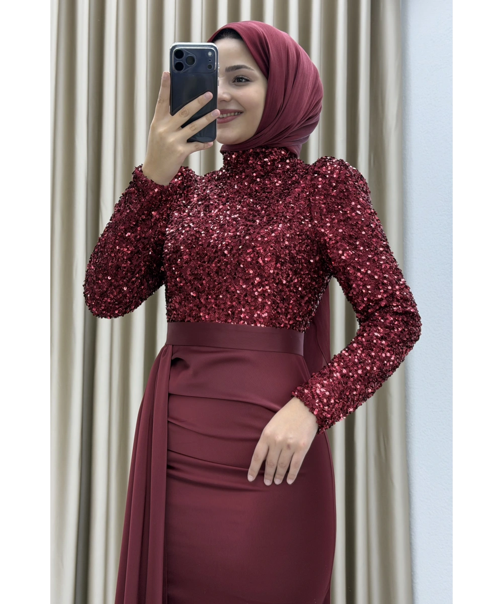 Payet İşlemeli Uzun Kollu Drapeli Etek Detaylı Maxi Boy Şık Abiye Elbise