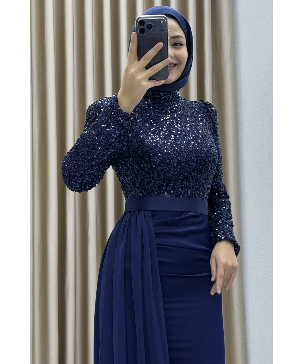 Payet İşlemeli Uzun Kollu Drapeli Etek Detaylı Maxi Boy Şık Abiye Elbise