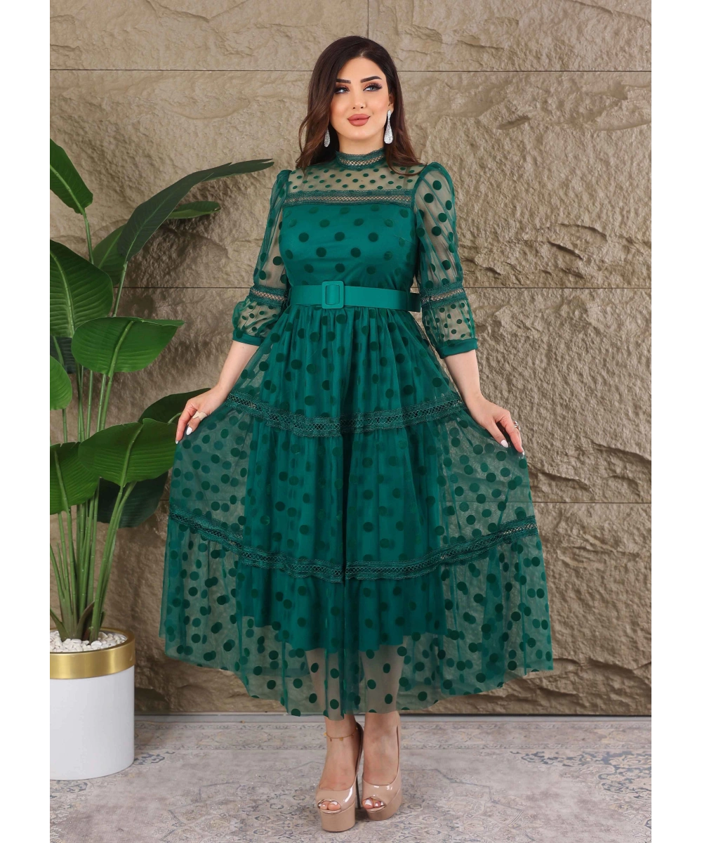 Puantiyeli Tül Kemerli Özel Tasarım Elbise