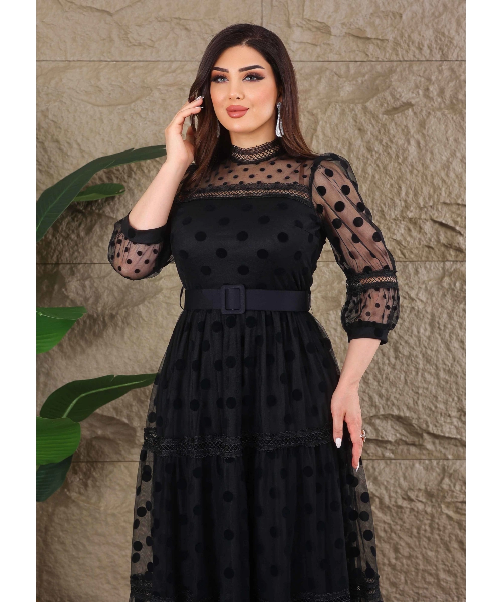 Puantiyeli Tül Kemerli Özel Tasarım Elbise