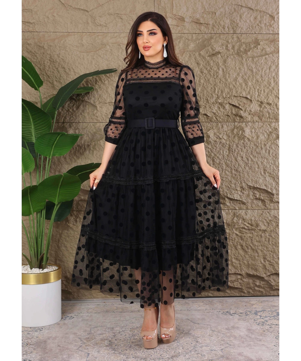 Puantiyeli Tül Kemerli Özel Tasarım Elbise