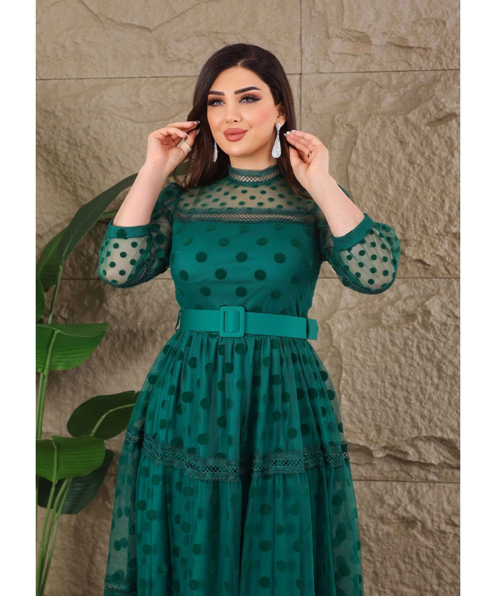 Puantiyeli Tül Kemerli Özel Tasarım Elbise