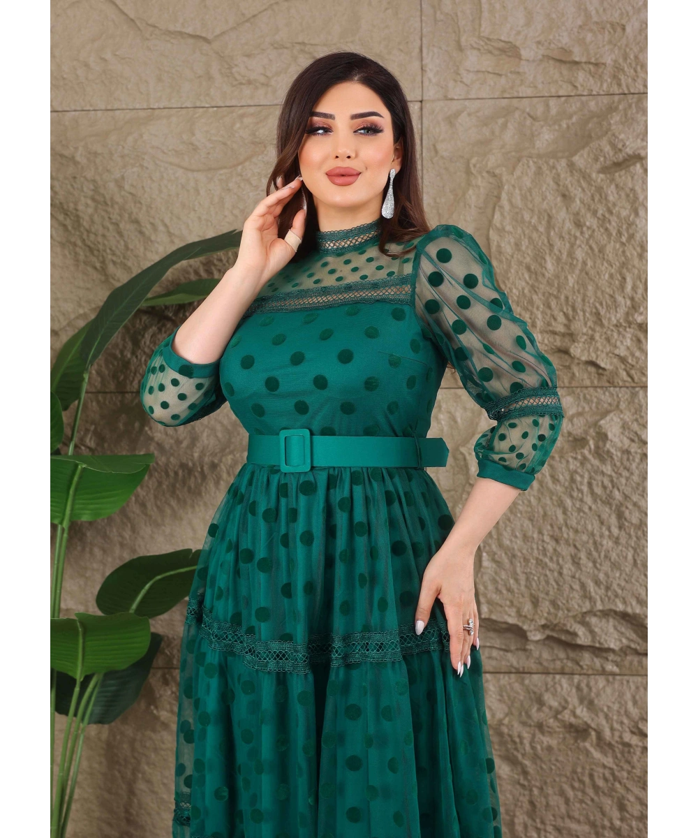Puantiyeli Tül Kemerli Özel Tasarım Elbise