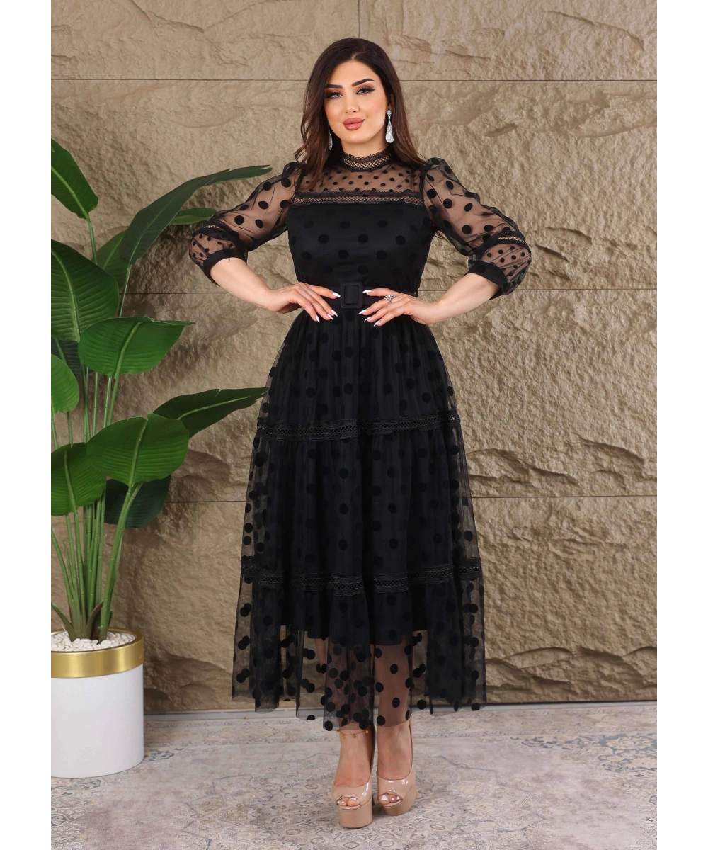 Puantiyeli Tül Kemerli Özel Tasarım Elbise