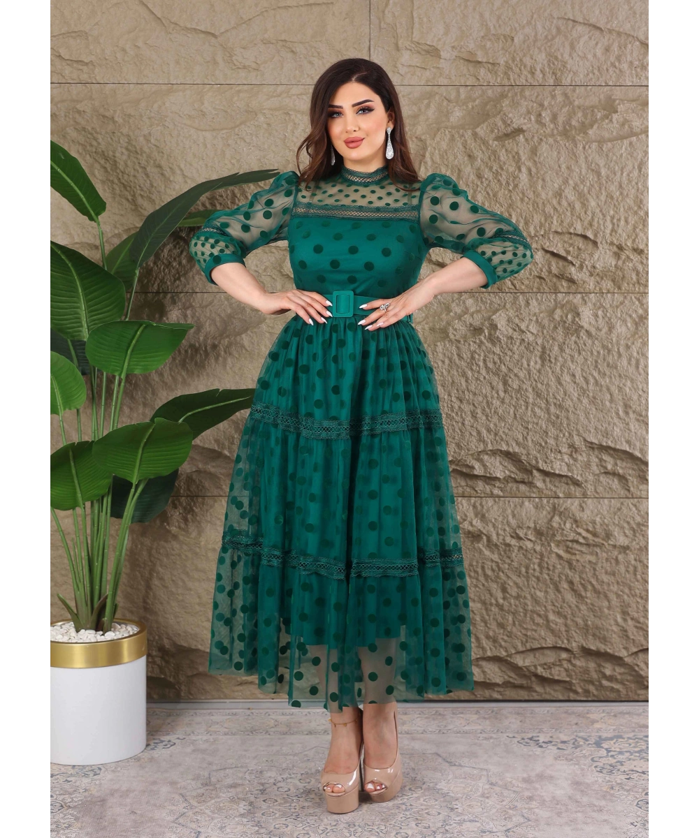 Puantiyeli Tül Kemerli Özel Tasarım Elbise
