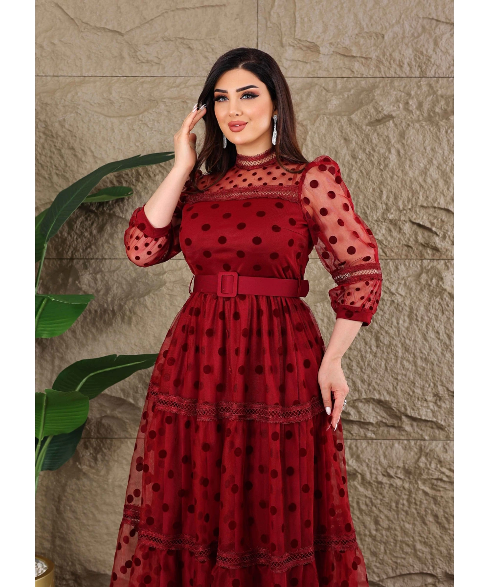 Puantiyeli Tül Kemerli Özel Tasarım Elbise