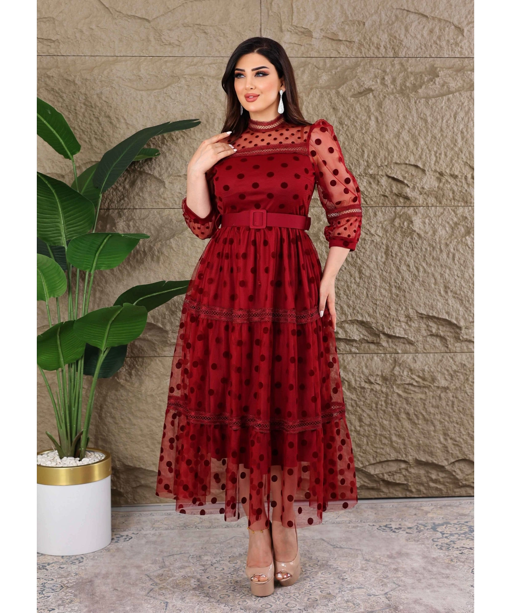 Puantiyeli Tül Kemerli Özel Tasarım Elbise