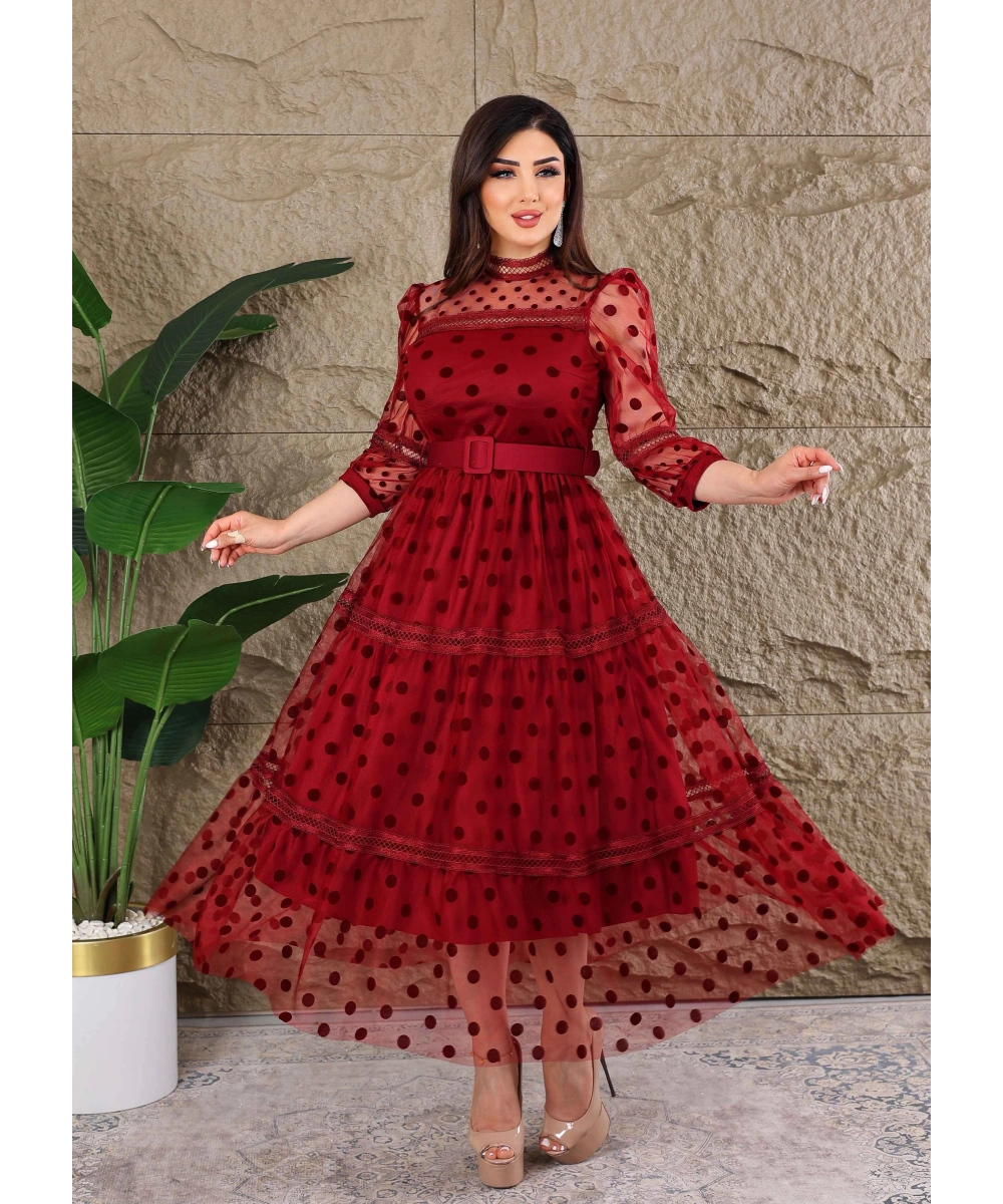 Puantiyeli Tül Kemerli Özel Tasarım Elbise