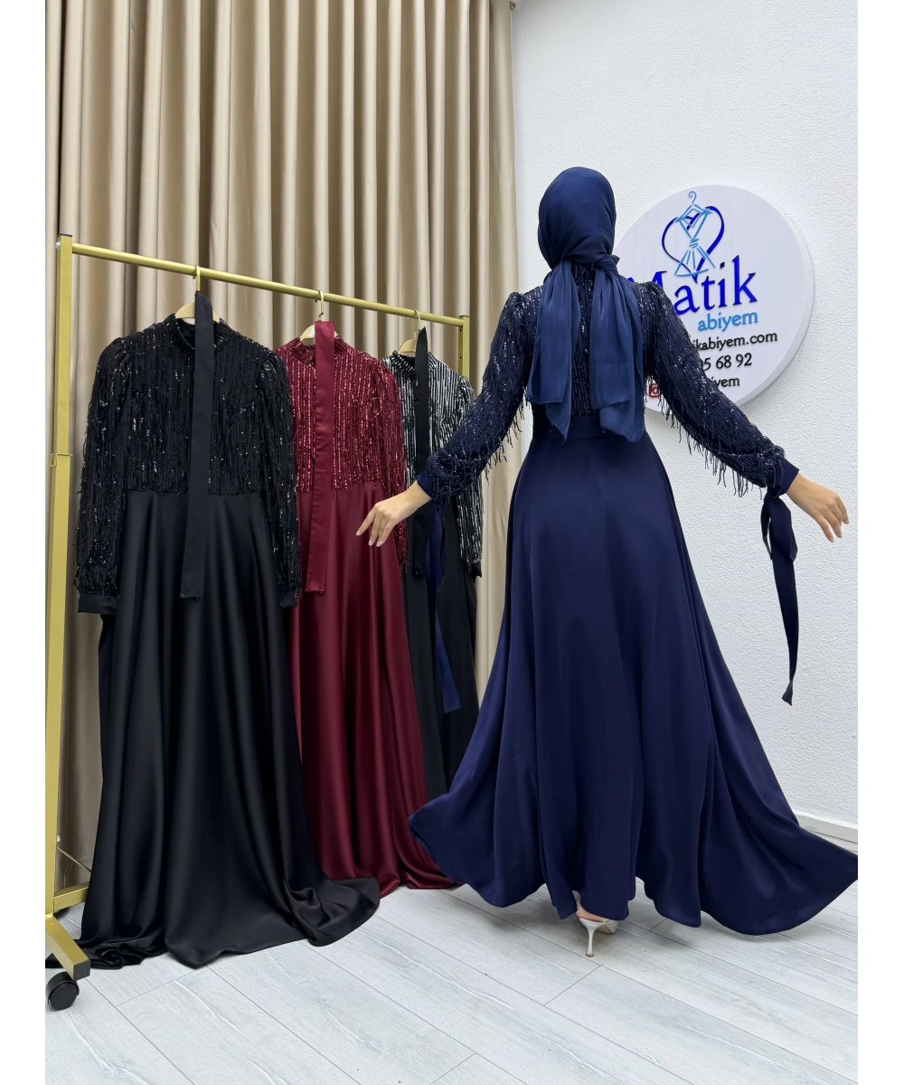 Saçaklı Payet Zara Saten Abiye