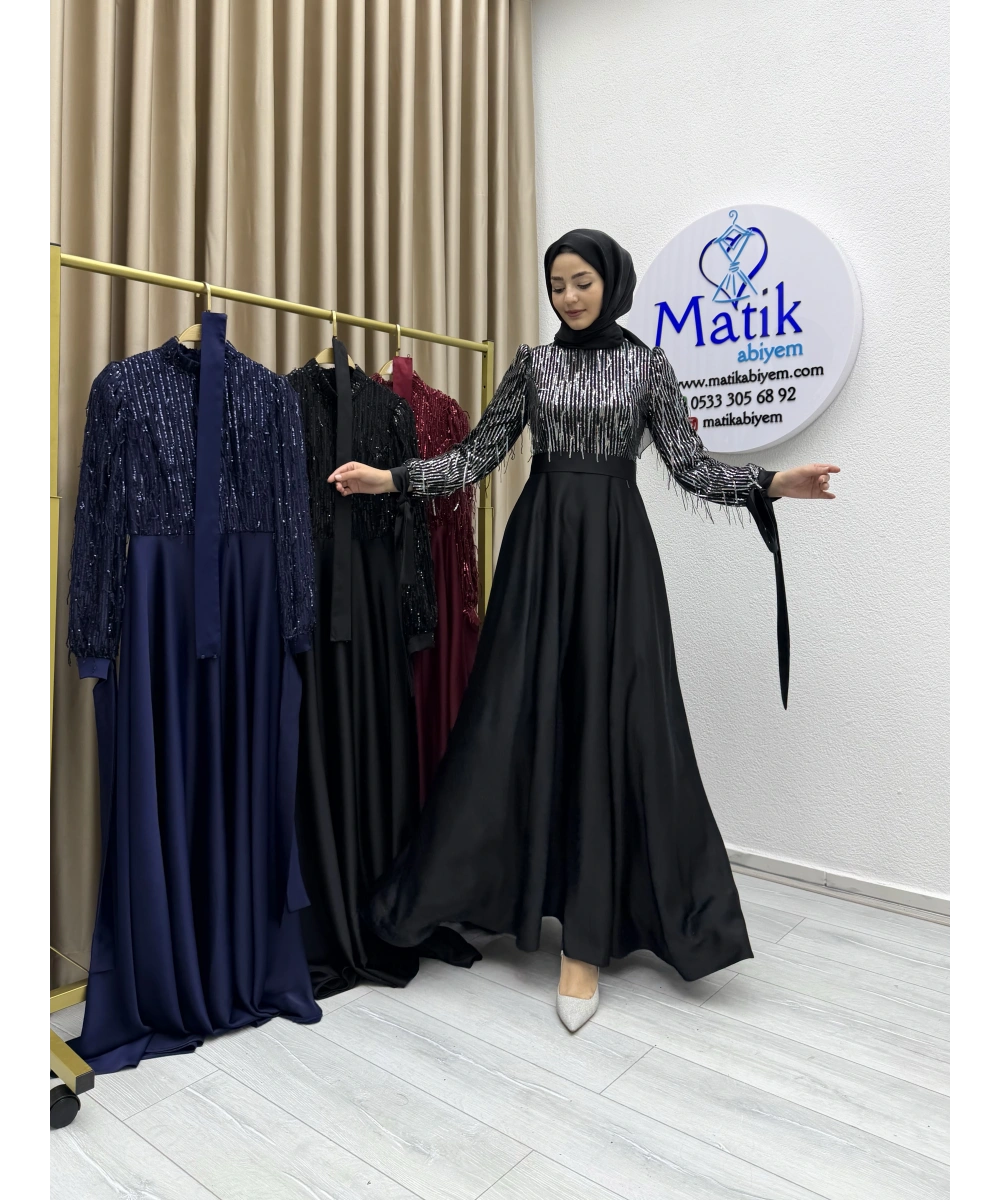 Saçaklı Payet Zara Saten Abiye