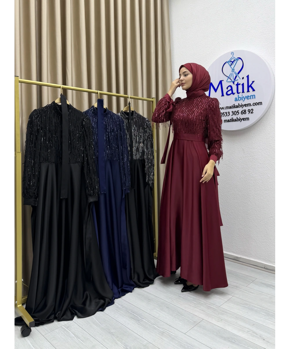 Saçaklı Payet Zara Saten Abiye