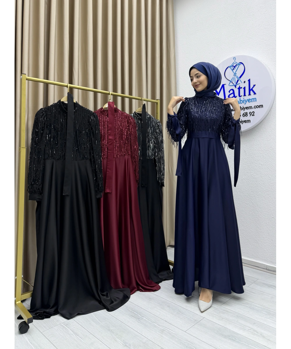 Saçaklı Payet Zara Saten Abiye