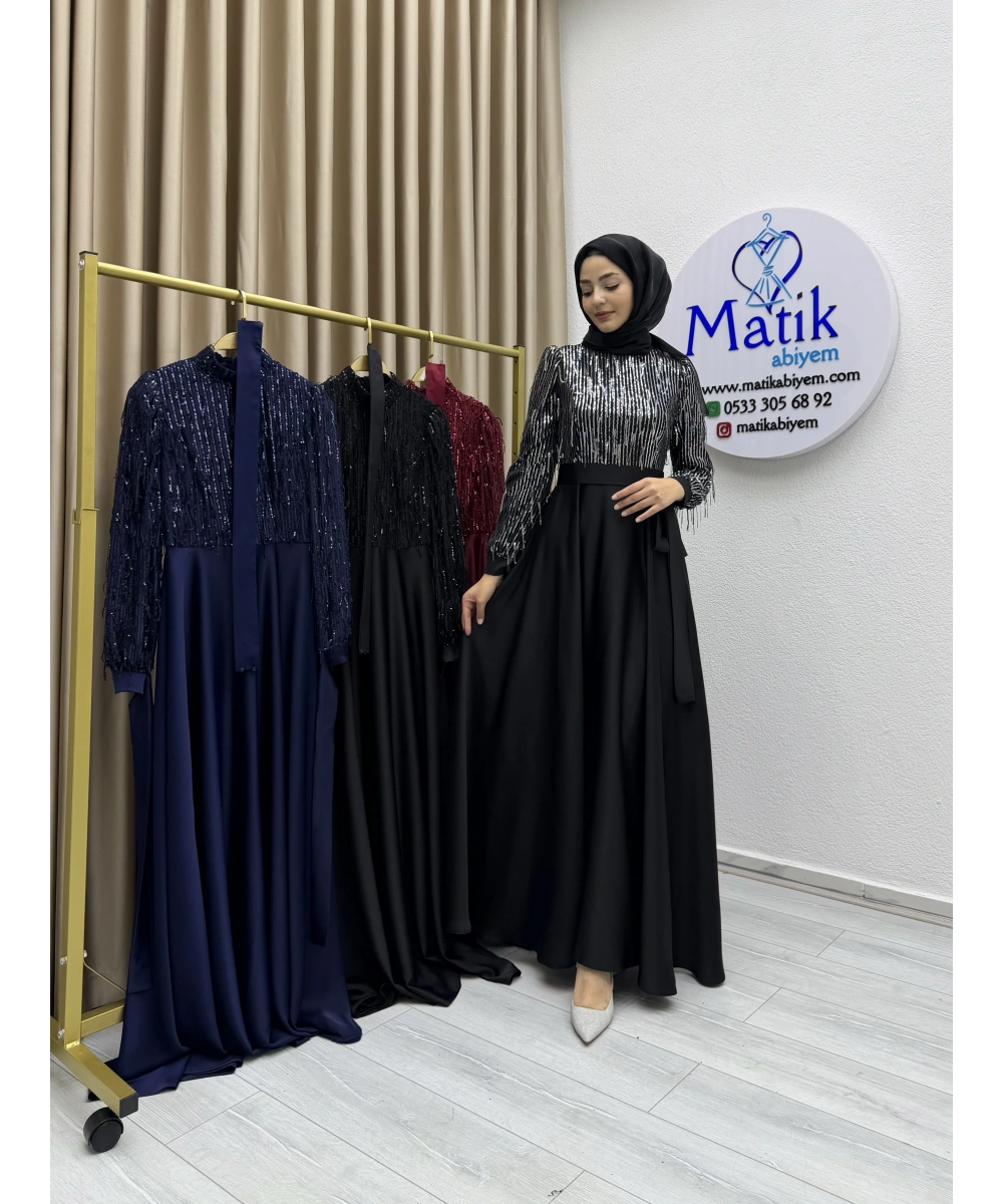 Saçaklı Payet Zara Saten Abiye