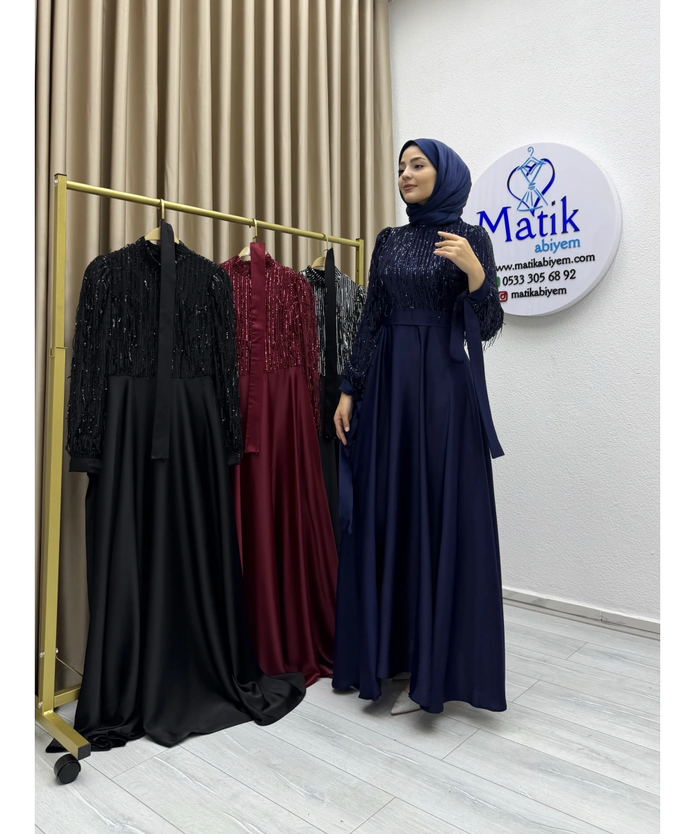 Saçaklı Payet Zara Saten Abiye